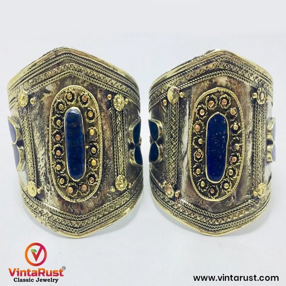 Single Vintage Kuchi Cuff Bracelet: Afghani Tribal Jewelry Inlaid with Stones - Picture 5 of 7